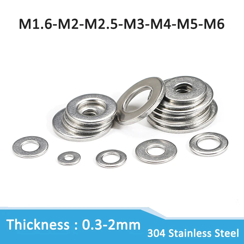 M1.6 M2 M2.5 M3 M4 M5 M6 304 Stainless Steel Flat Washer Plain Gasket for Screw Bolt Thickness 0.3/0.5/0.8/1/1.2/1.5/1.6/2mm