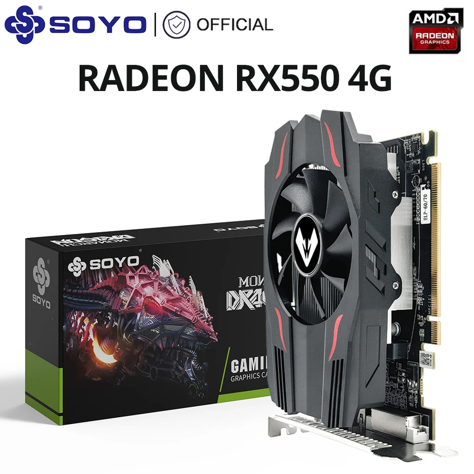 SAPLOS Radeon RX 550 Carte graphique à profil bas 4 Go, GDDR5, 128 bits, VGA DVI-D HDMI, carte vidéo pour jeux PC, prise en charge 4K, GPU d'ordinateur de jeu, DirectX 12