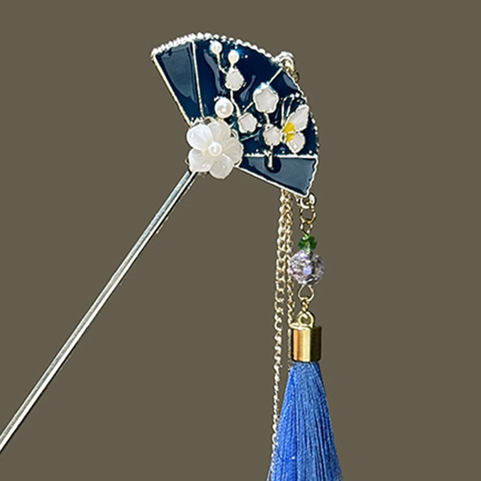 Bastoncino per capelli antico ventaglio blu con nappe fiore_voghion.com