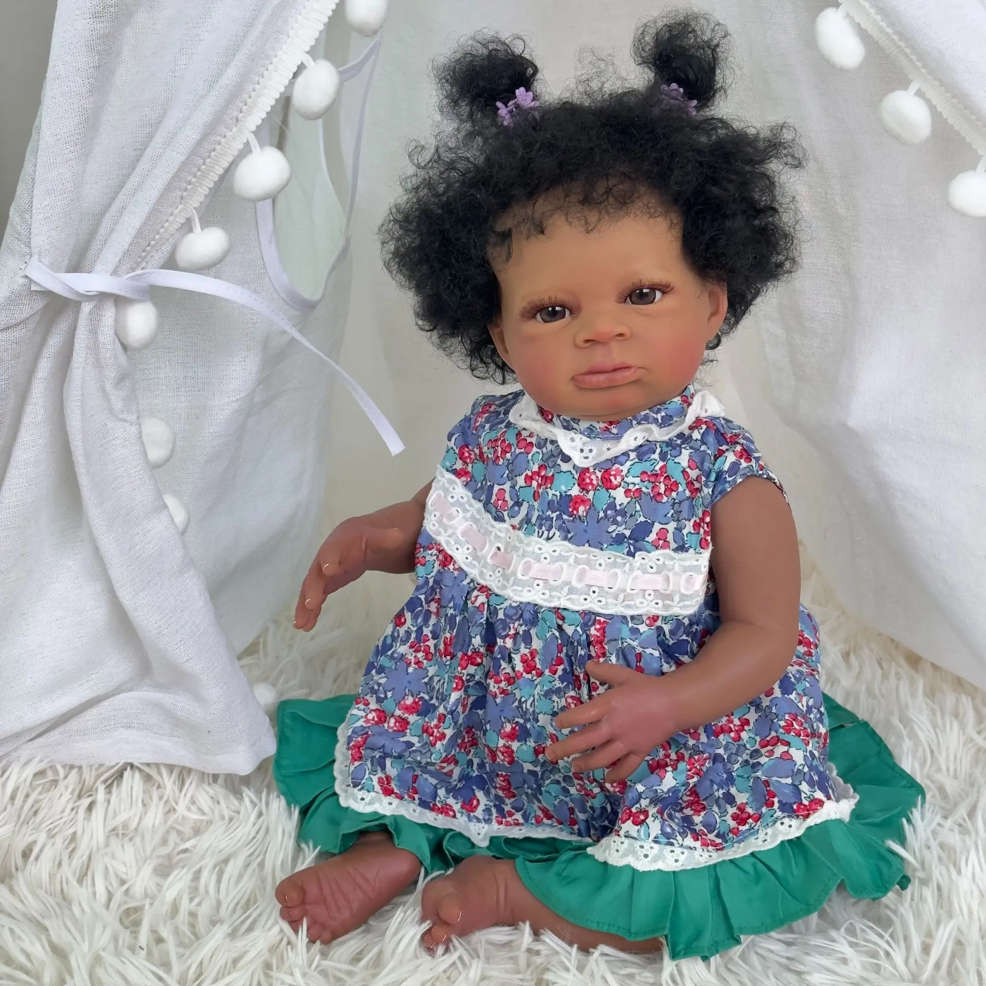 

Dark Skin 50CM Newborn Baby Doll Reborn Awake Soft Silicone Rooted Hair Doll Vinyl Newborn Girl Doll Princess Toddler Toy Gift