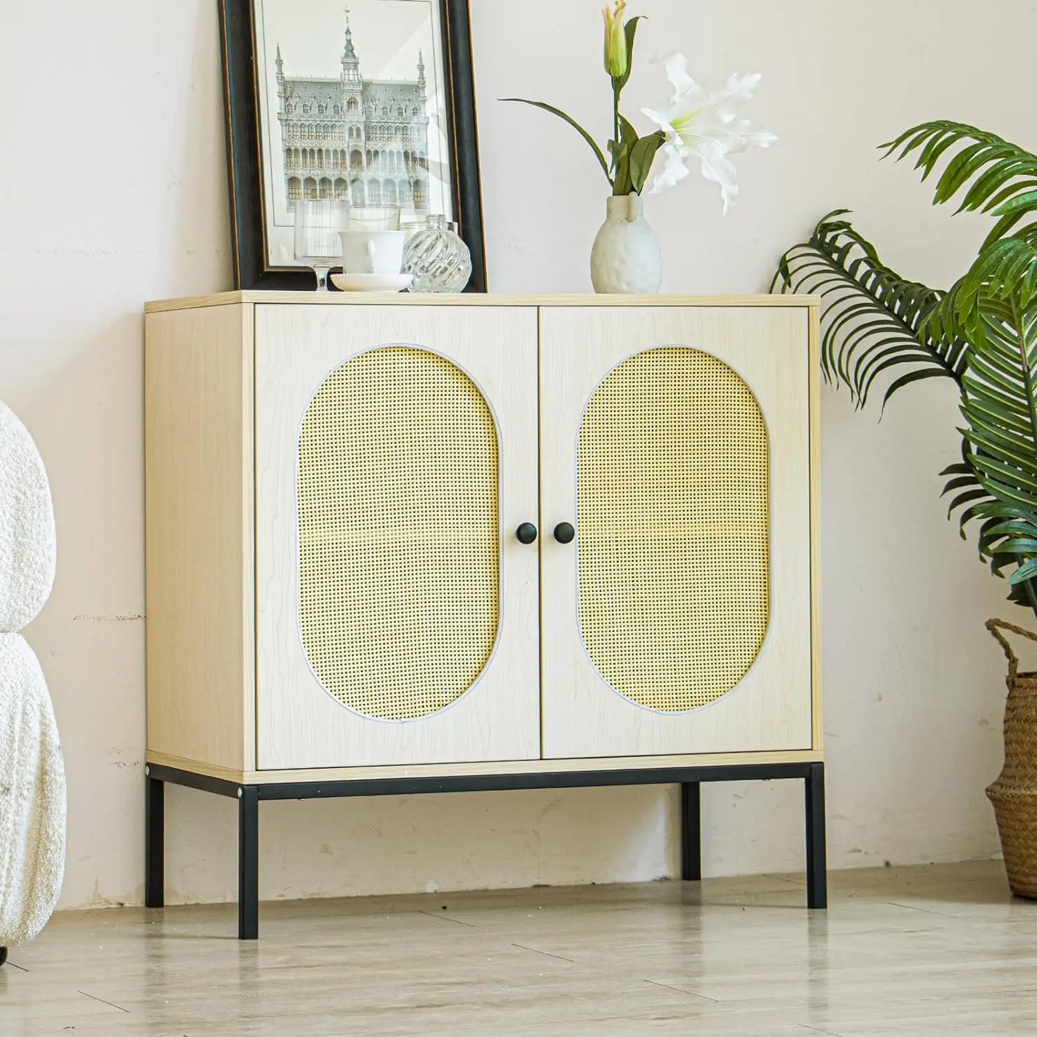 

Wood Buffet Sideboard with Oval Rattan Doors, Bar Liquor Cabinet, Accent Storage Cabinet for Living Room, Natural Wood