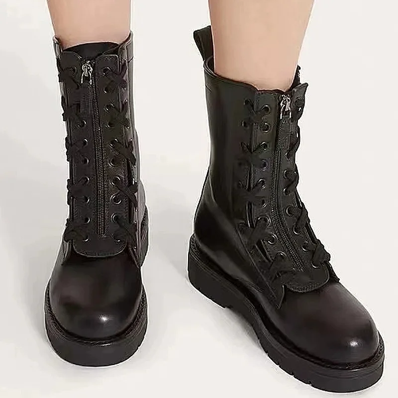 

Black British Style Thick Heel Lace-Up Boots Round Toe Flat Side Zip Mid-Calf Botines Patent Leather Slimming Ankle Botas