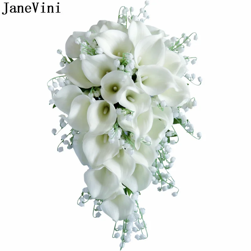 

JaneVini White Calla Lily Bridal Bouquet Artificial Cascade Wedding Bouquet Waterfall Brides Bridesmaids Hand Flower Accessories