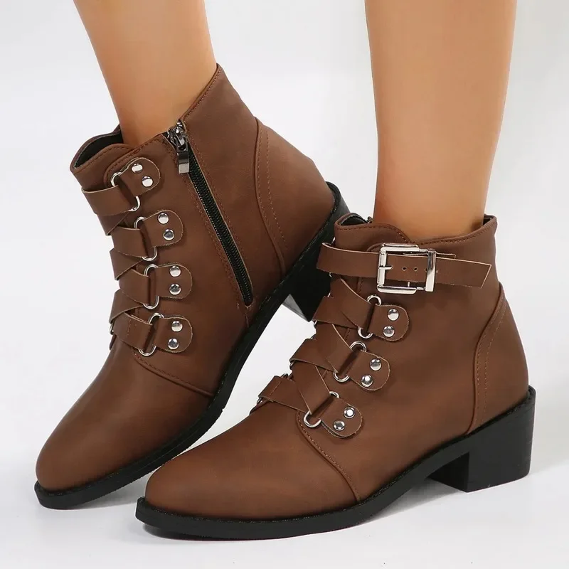 2023 NEW Chunky Heel Pointed Toe Short Leather Boots Women Zipper Buckle Medium Heels Knight Boot Women's Footwear Large Size 43