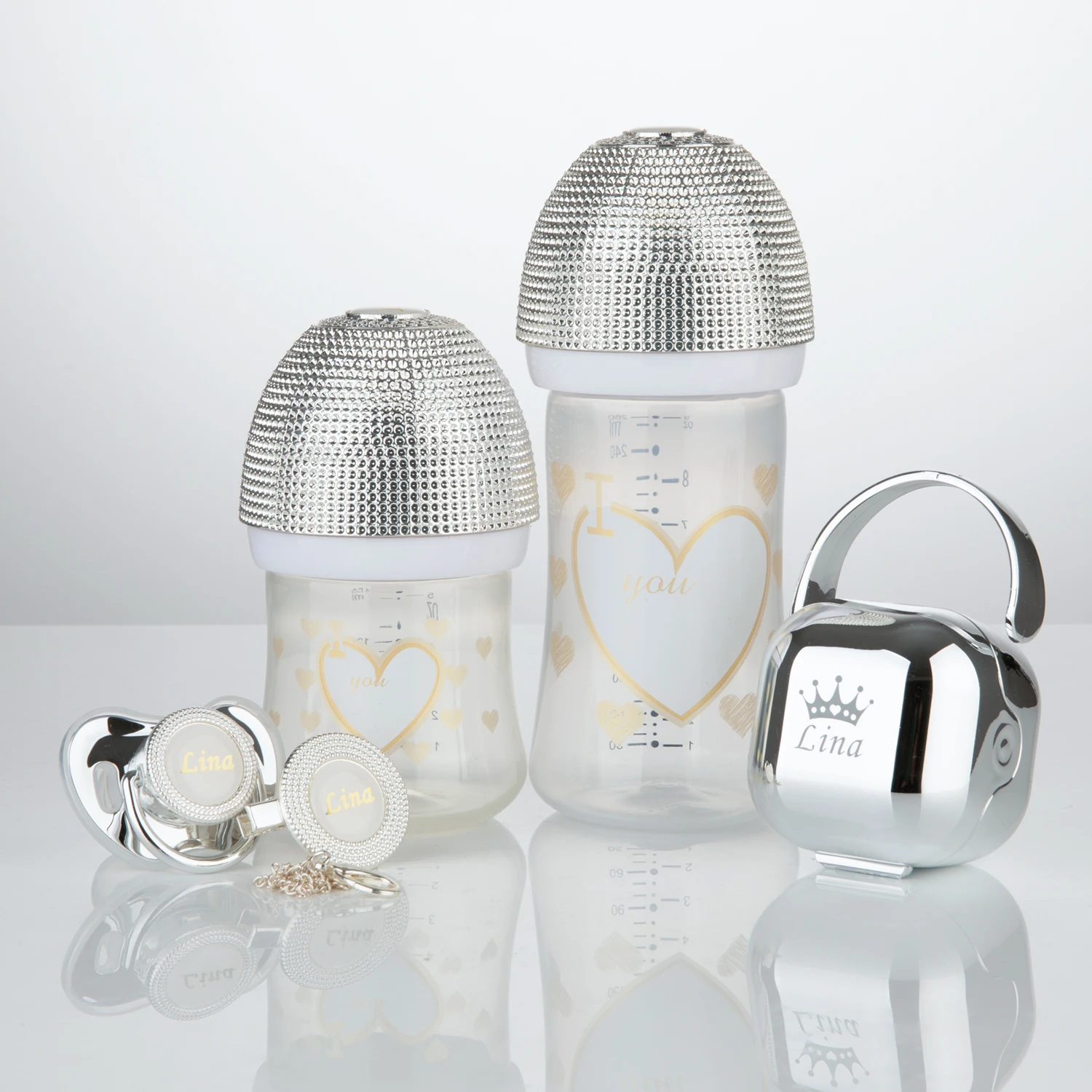 

Miyocar Silver Collection Luxurious Custom Baby Pacifiers and Baby Bottle Set with Name for Boy and Girl,0-6 Months Baby Shower