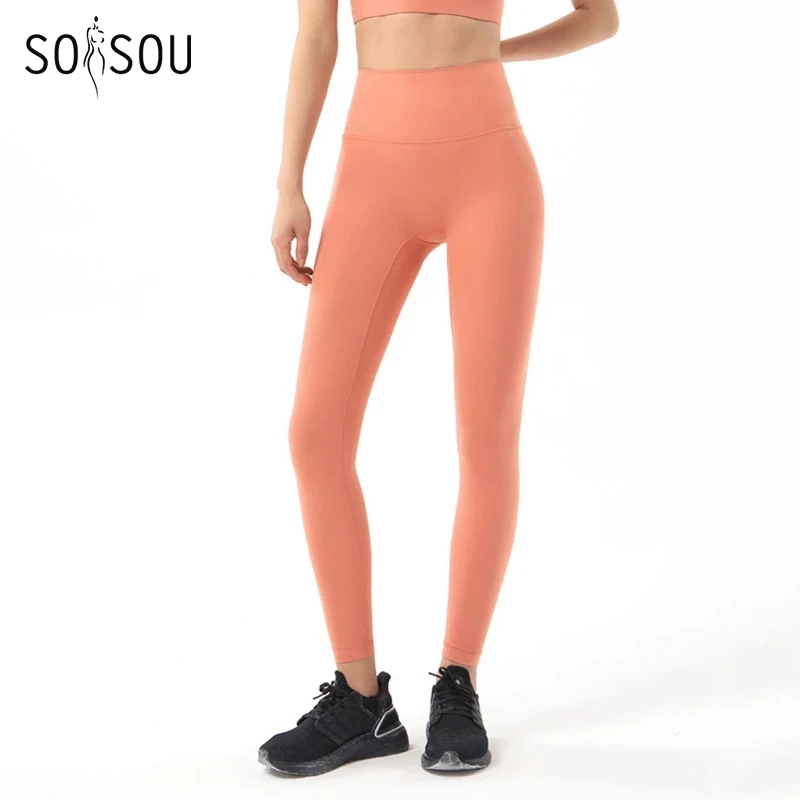 SOISOU-Pantalon de yoga en nylon pour femme, leggings de gymnastique pour fille, collants de fitness doux, taille haute, élastique, respirant, sans ligne en T, pantalon de sport