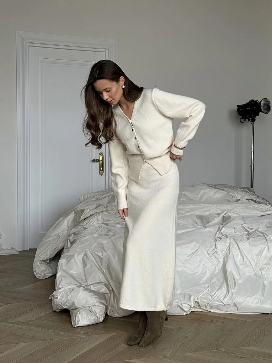 Hirsionsan Sexy Soft Elegant Vintage Women Suits 2 Pieces Female Sets Polo Neck Cardigan Sweater & Midi Dress Knitted TrackSuit Image 43
