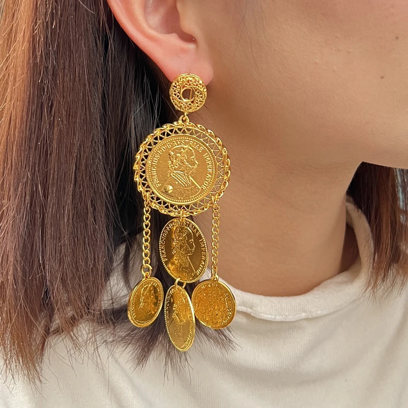 

Africa 24k Gold Plated Luxury Earrings for Wedding Party Jewelry Gifts Dubai Arab India Cover Earrings Tassel Pendant