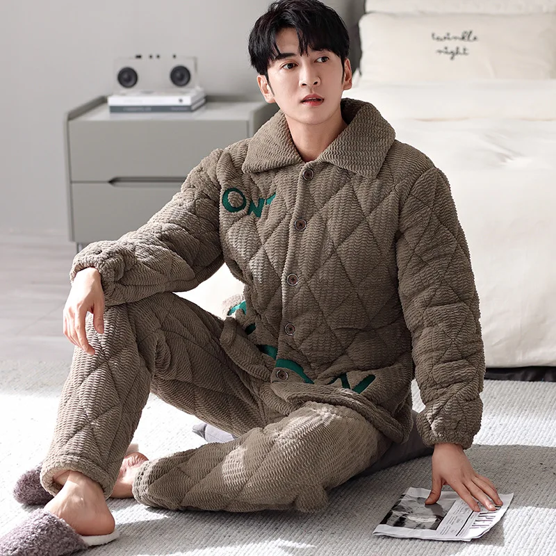 Winter men's pajamas for warmth and comfort, thickened cotton jacket for home wear, can be worn externally as a set