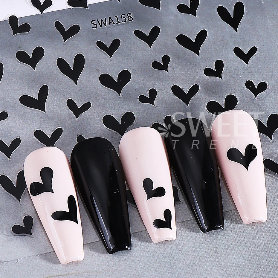 6pcs Valentine's Day Love Heart Nail Art Stickers Black White Red Peach Heart Lines Nail Decals DIY Romantic Manicure Decoration