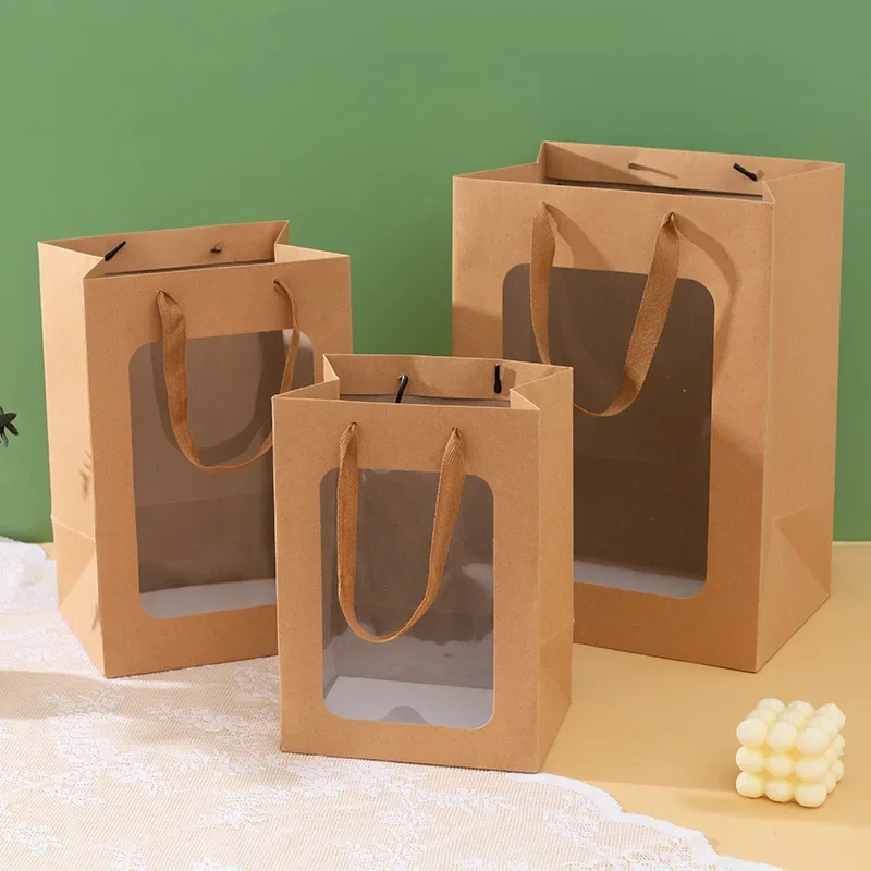 12 Sacchetti Regalo In Carta Kraft Nera Con Finestra Trasparente E Manici In Tessuto – 25x17.8x13 Cm – Perfetti Per Feste, Compleanni E Shopping