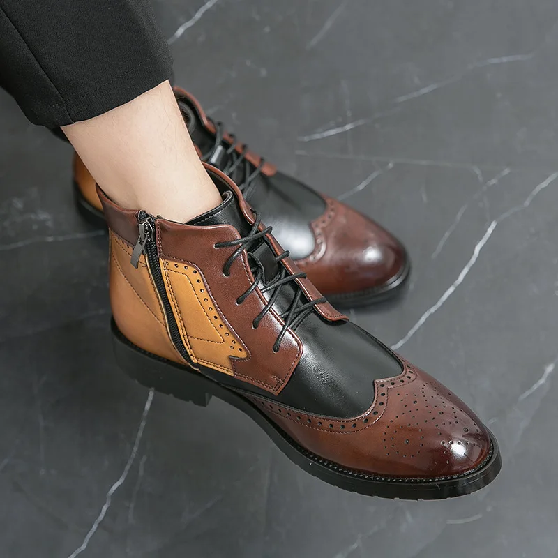 

New Fashion Colorful High-top Brogue Shoes Men Pointed Leather Formal Shoes Men Lace-up Boots for Men zapatos de vestir hombre