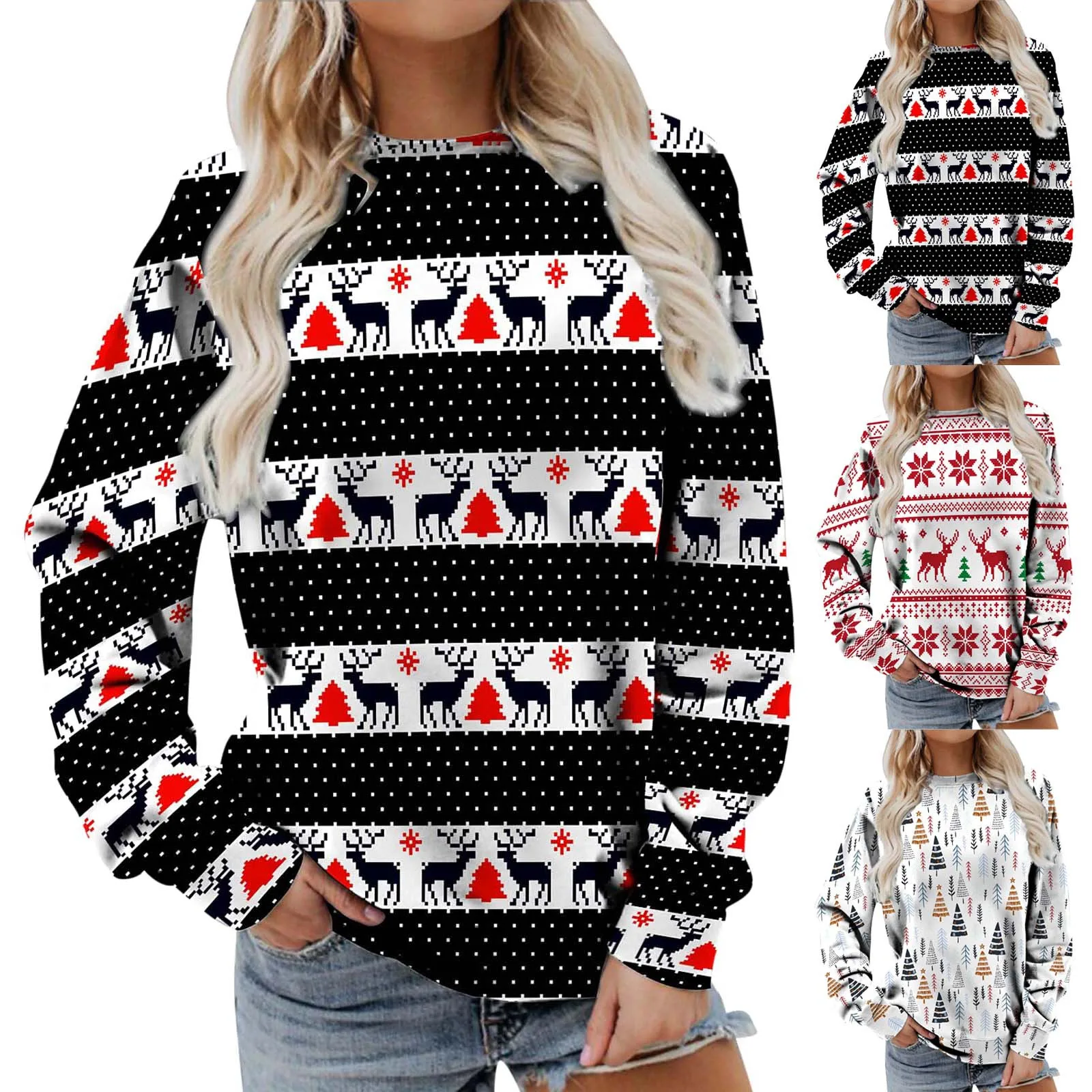 Christmas Womens Hoodies Long Sleeve Pullover Lightweight Printed Sweatshirt Autumn Winter Warm Sweater Shirts Korean Sueter