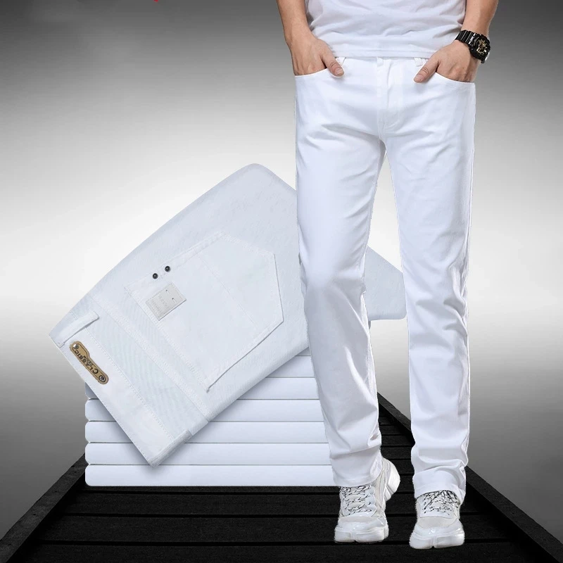 

Spring Classic Style Men's Regular Fit White Jeans Business Fashion Denim Advanced Stretch Cotton Trousers Male Brand Pants