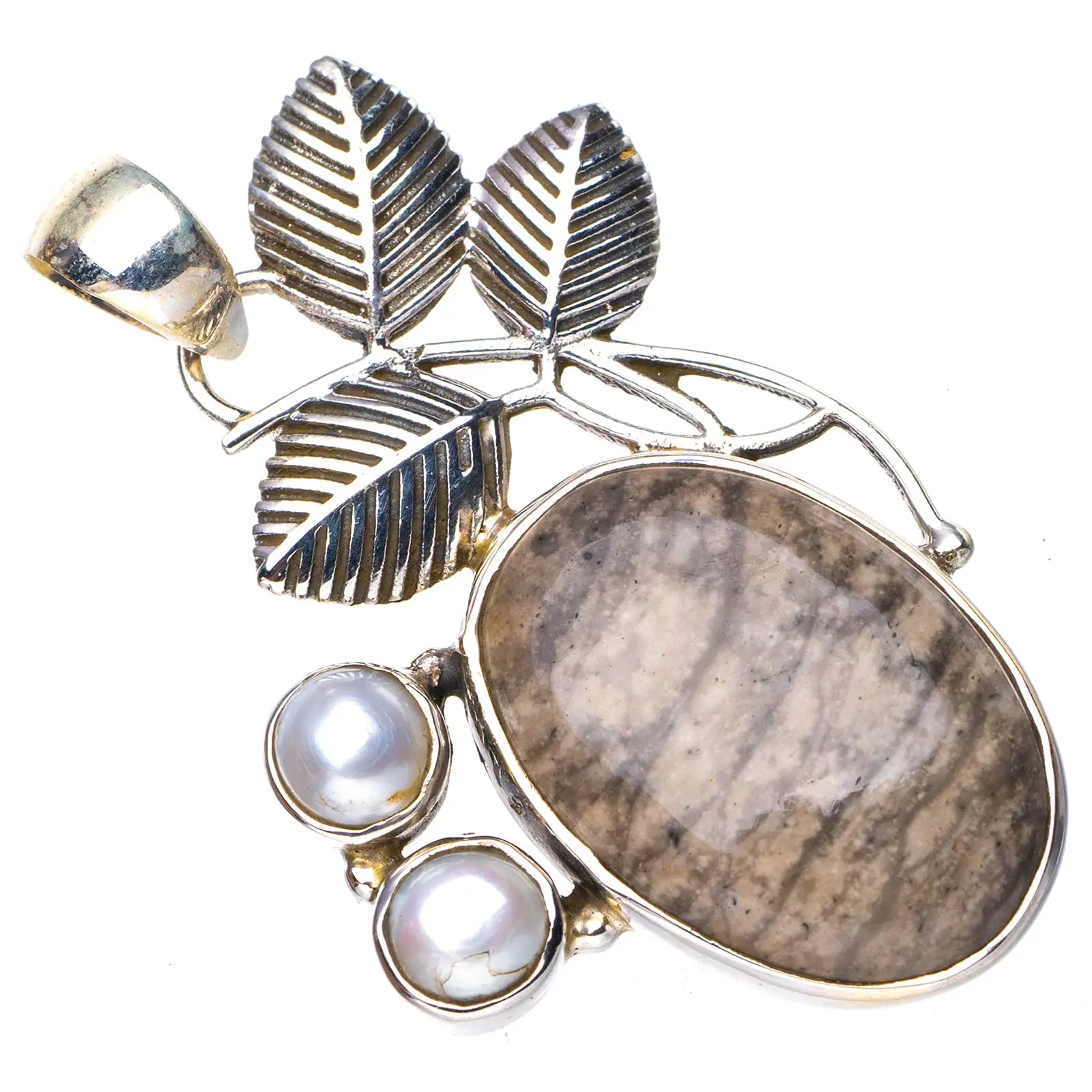 

StarGems®Природное изображение, яшма, река, жемчуг, лист, ручная работа, 925 пробы, Серебряный кулон 1,75 "E5042