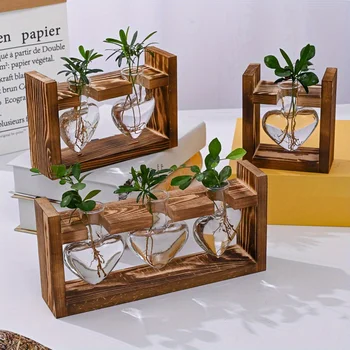 Natural Beauty Hydroponic Glass Flower Vase with Wooden Frame
