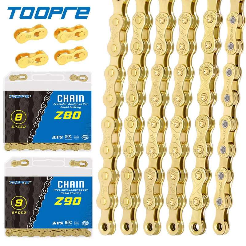 TOOPRE Bicycle chain 6 7 8 9 10 11 12 speed MTB Road bike carbon steel variable speed golden chain full plating anti-rust 116L 10 speed mtb mountain bike road chain x10el silver hollow chain 116l with link 10 20 30 speed bicycle chain