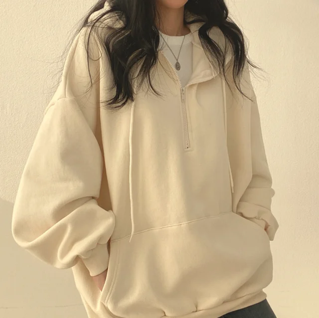Women Hoodie Harajuku Loose Oversized Solid Color Top Half Zip Up Sweatshirt