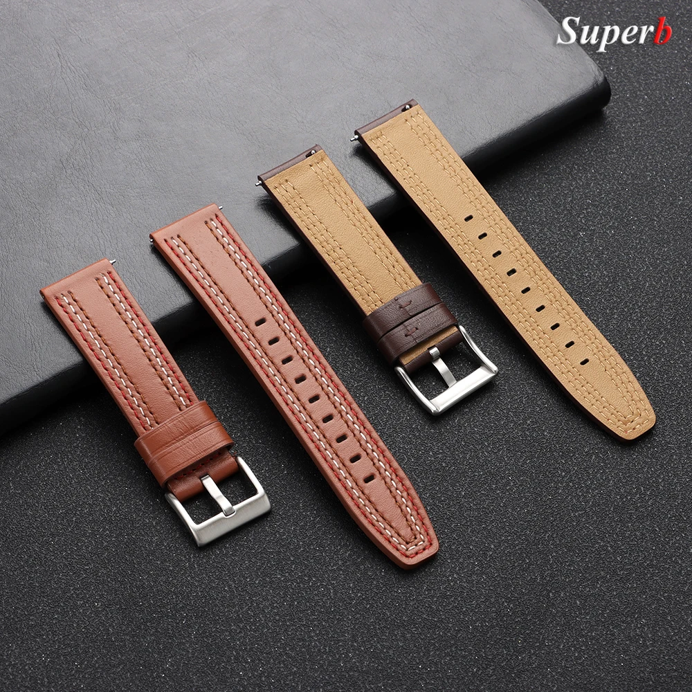 Colorful Stitching Genuine Leather Watch Strap, Universal Replacement, 20mm/22mm