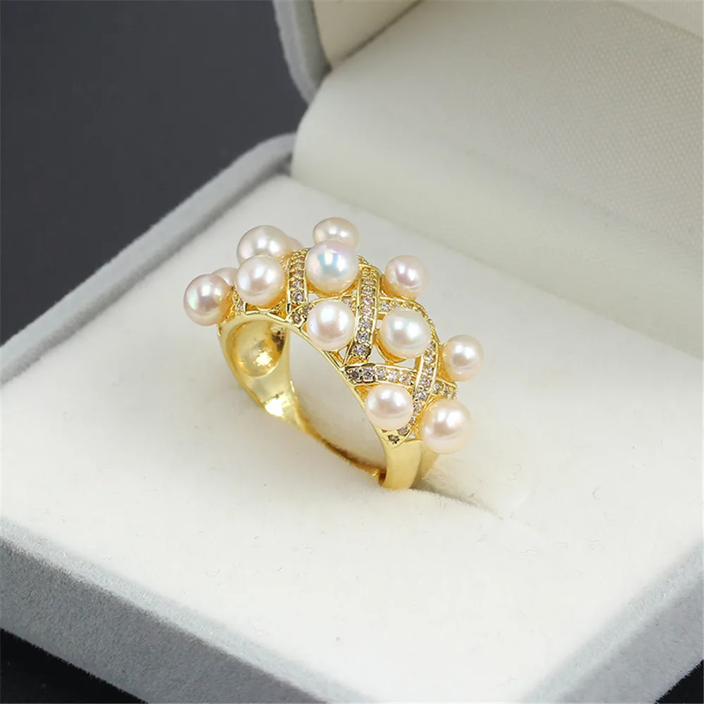 Domestic 14k Gold Color Personality Multi-bead Ring Zircon Pearl Empty Support Adjustable DIY Accessories Women