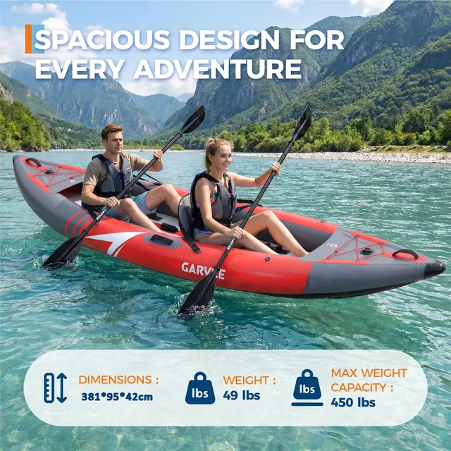 Inflatable 1/2-Person Fishing Kayak for Adults – Durable PVC Collapsible & Portable - with Padded Seats/Removable Fins/Hand Pump/Carry Bag & Repair Kit for Lake River Recreation Touring