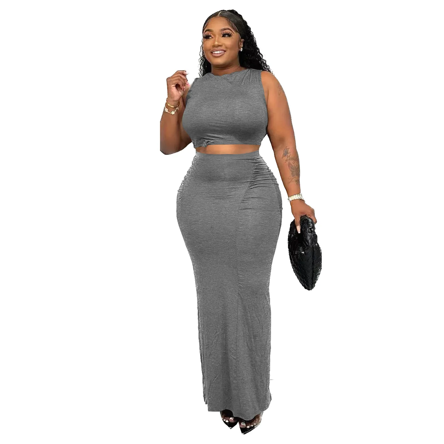 

Skirt Set African Clothes Women Crop Top And Long Maxi Skirt Suit 2023 Summer New Solid Fashion Elegant African Clothing Outfits