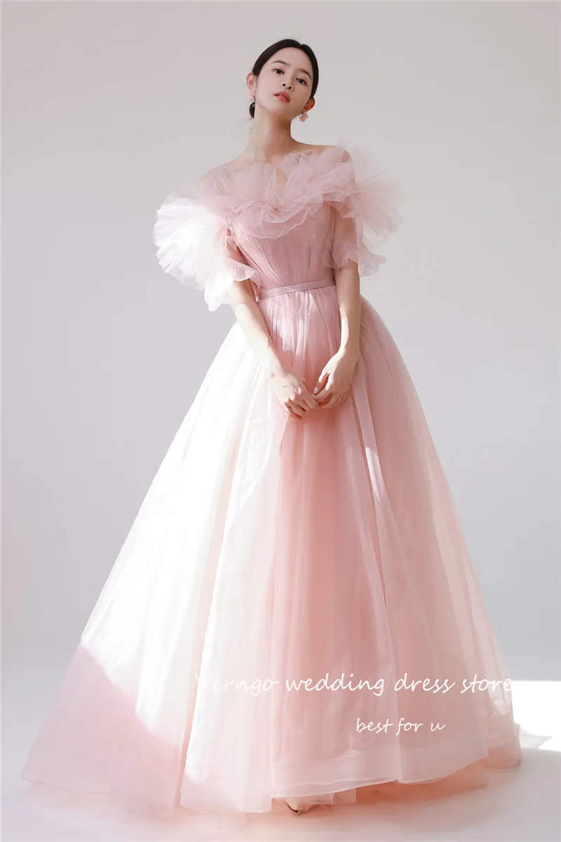 

Verngo Blush Pink Tulle Long Prom Dresses Korea Femme Short Sleeves 2023 Princess Evening Gowns Garnde Country Party Bride Dress