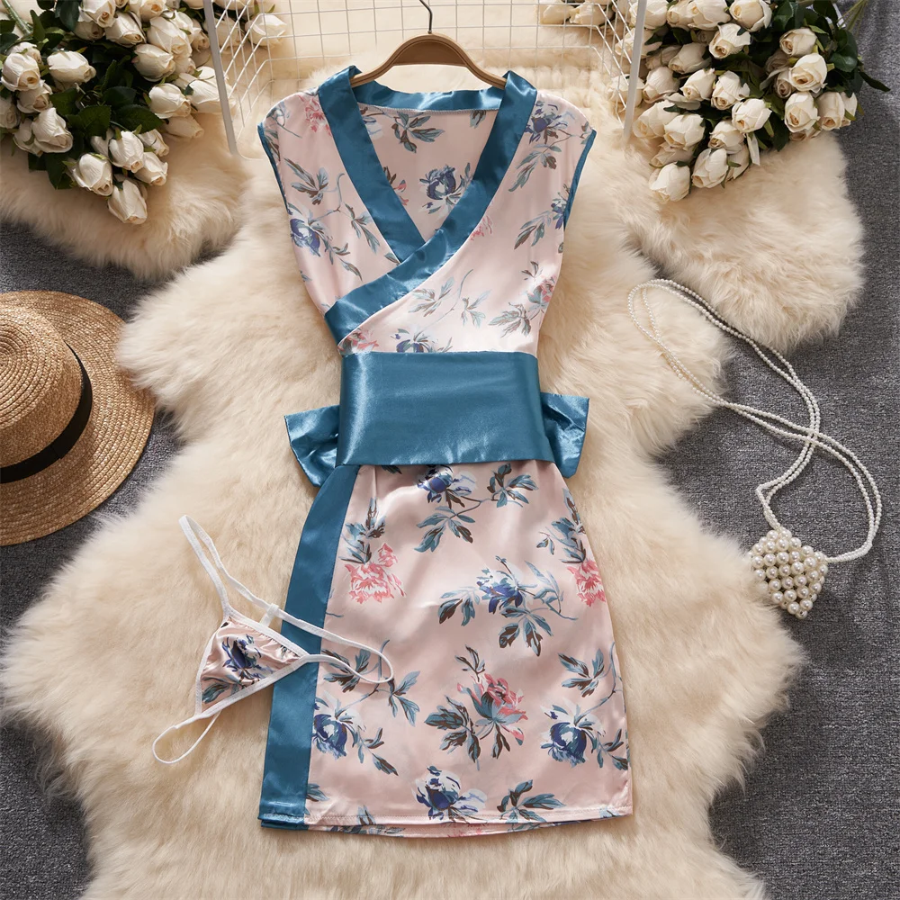 Sexy Japan Sleeveless Slim Fit Kimono Elegant Print Pajama V-Neck Irregular Short Dress Erotic Lingerie Women Hotsweet Nightgown