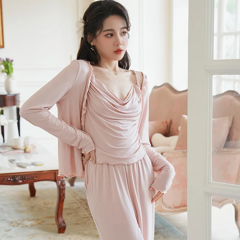 

2022 French Sexy Suspenders Pajamas Modal Three-piece Suit Modal Long-sleeved Cardigan Home Service Women Pyjamas Loose Pijamas