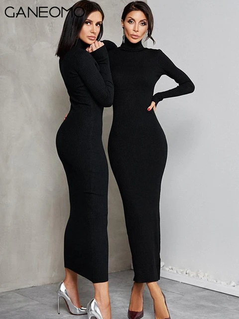 black long sleeve midi dress