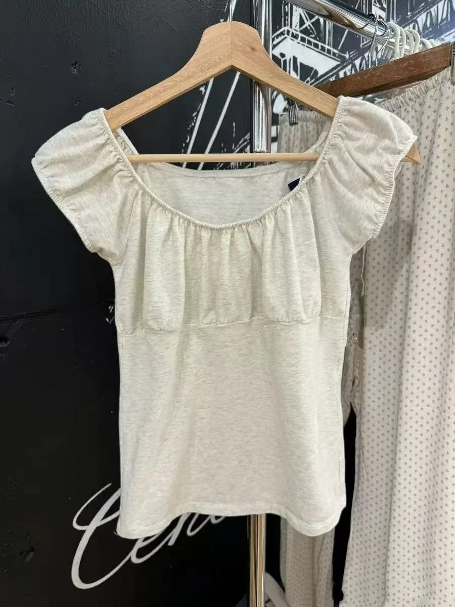 Gray Puff Sleeve Slim T-shirt Women Folds Scoop Neck Cotton Short Sleeve Simple T-shirts Summer New Sweet Casual Chic Tops Tees 2