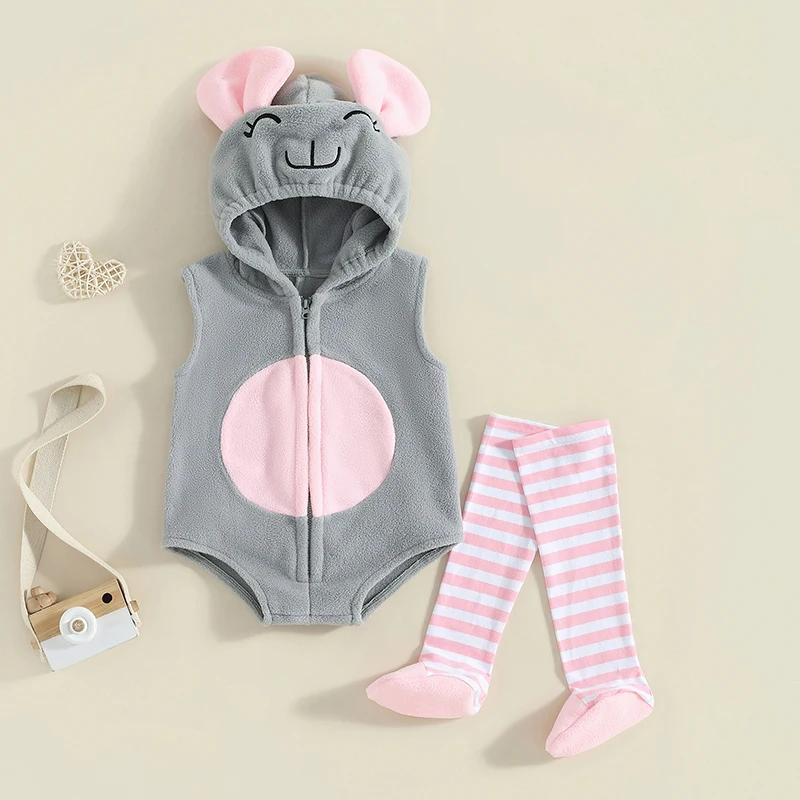 Lovely Chick Romper Baby Boy Girl Halloween Costumes Animal Cosplay Hoodie Romper Jumpsuit Bodysuit Stripe Leg Warmers 6