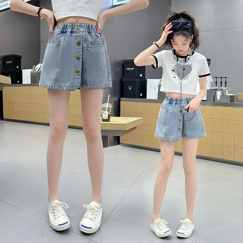 세련된 어린이 패션 여름 데님 퀼로트 미니 스커트 반바지 십대 소녀 캐주얼 청바지 반바지 스커트 아래에 착용 가능 4-14세