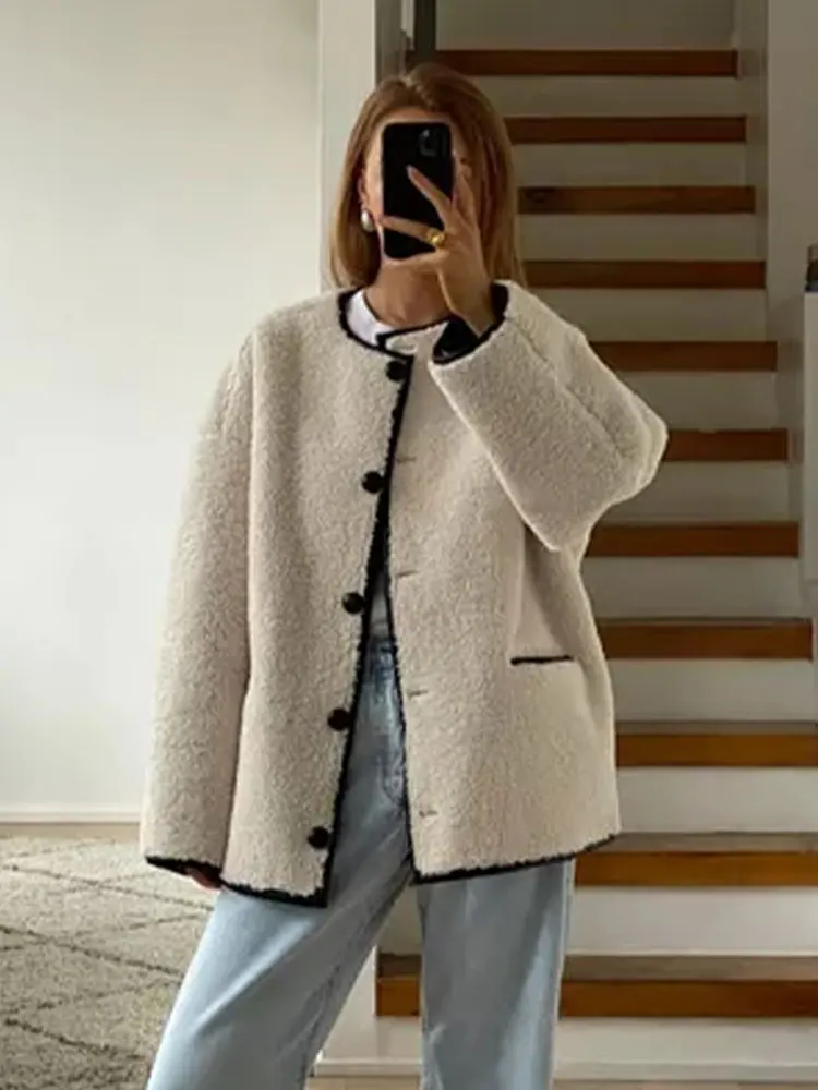 

Plush Long Sleeved Single Breasted Loose Jacket Women's Fashion Elegant Solid Outwear 2023 Autumn/Winter Chic Female Overcoat