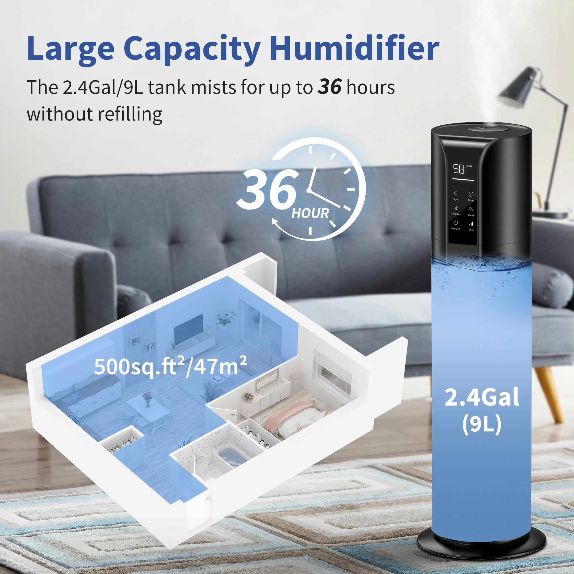 SEJOY Humidifiers for Bedroom Large Room, 9L/2.4Gal Cool Mist Top Fill Humidifier with Essential Oil 360°Nozzle for Baby Office 6