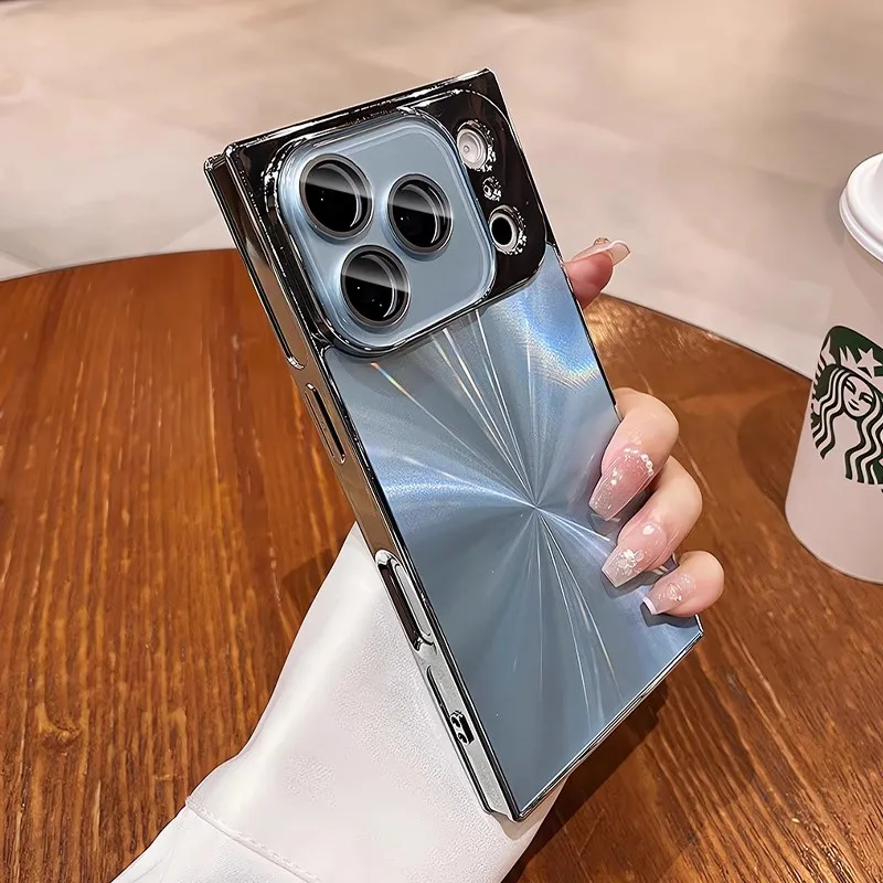 Luxury Plating CD Texture Square Armor Phone Case with Crystal Lens Glass and Shockproof Cover
