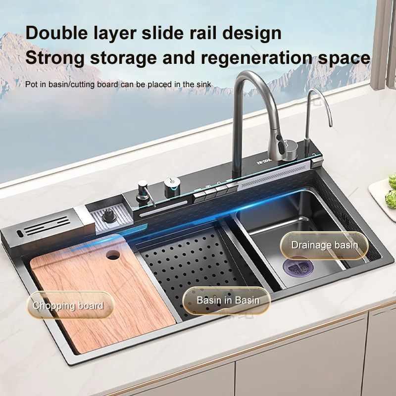 Stainless Steel Kitchen Sink Embossed Multifunctional Waterfall Wash Basin With Knife Holder Farmhouse Large Single Bowl 5