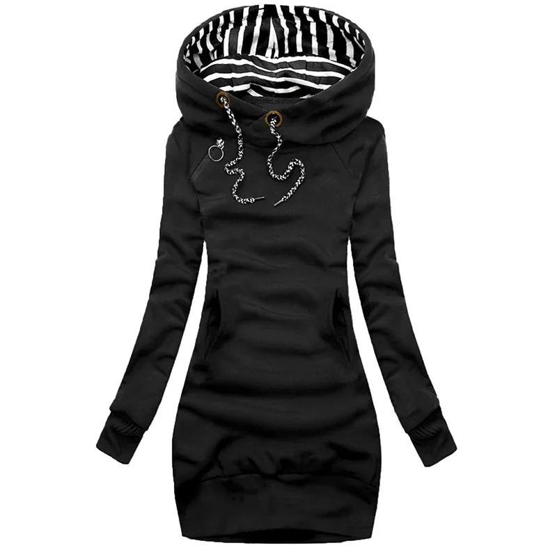 New Women Spring Autumn Hoodie Dress Sweatshirt Female Casual Fashion Print Long-Sleeved Pocket Drawstring Mini Dress