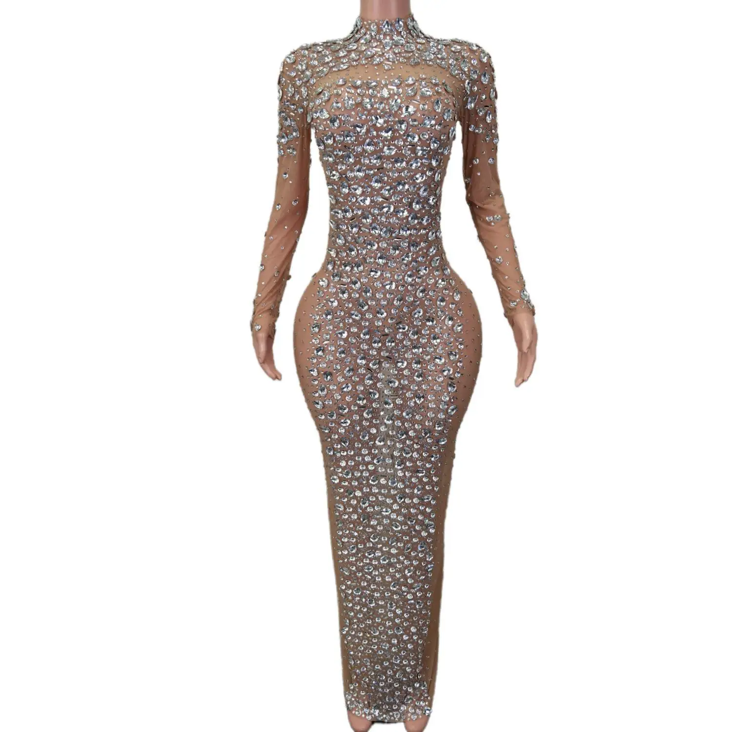

Women Sexy Long Dress Bling Sparkling Crystals Nightclub Party Stage Wear Dancer Costumes Birthday Celebrate Dresses Cuixing