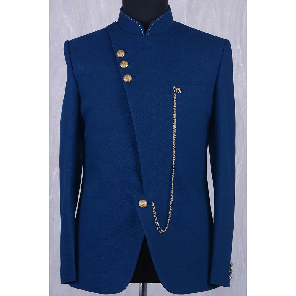 

Jacket Men Suits Blue Steampunk Stand Collar Regular Length Formal Occasion Coat Only One Piece Costume Slim Fit Custom Made