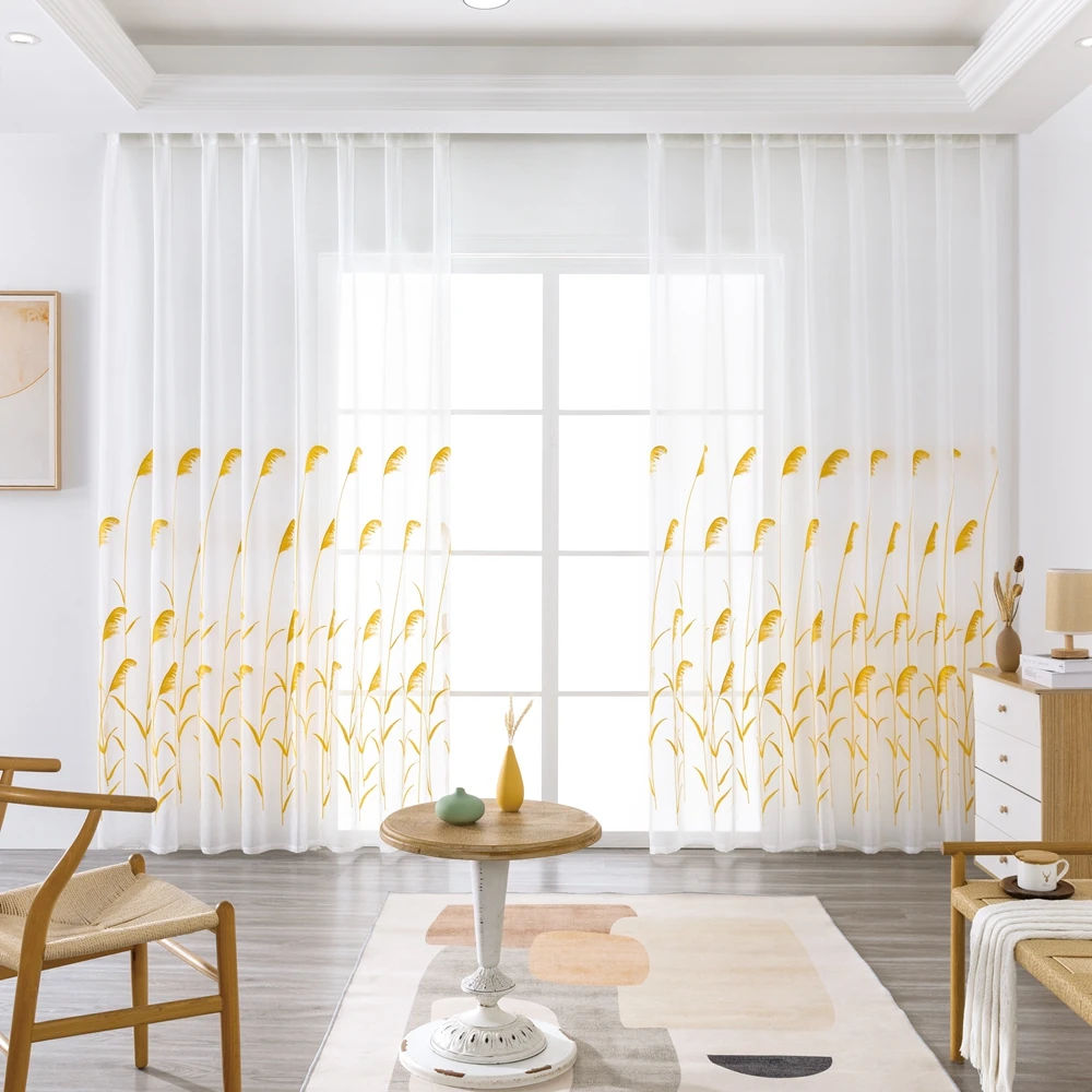 Cdiy Modern Yellow Embroidery Tulle Curtains For Living Room Bedroom