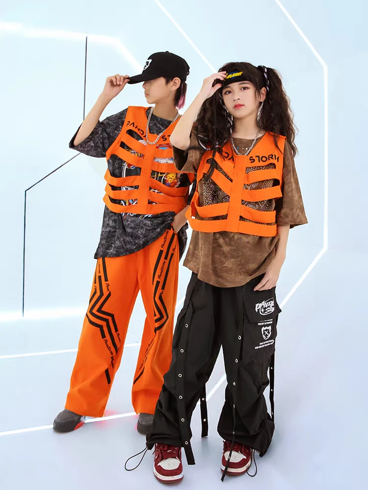 

Girls Boys Jazz Modern Dance Costumes Orange Vest Pants Suit Kids Hip Hop Street Dance Wear Teenagers Stage Performance Clothes