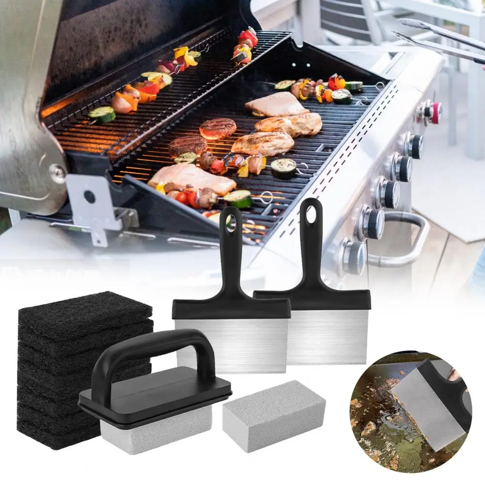 Griddle Scraper with Handle Griddle Set Multifunctional Bbq Tool Kit with Handle Scraper Scouring Pad Pumice for Easy