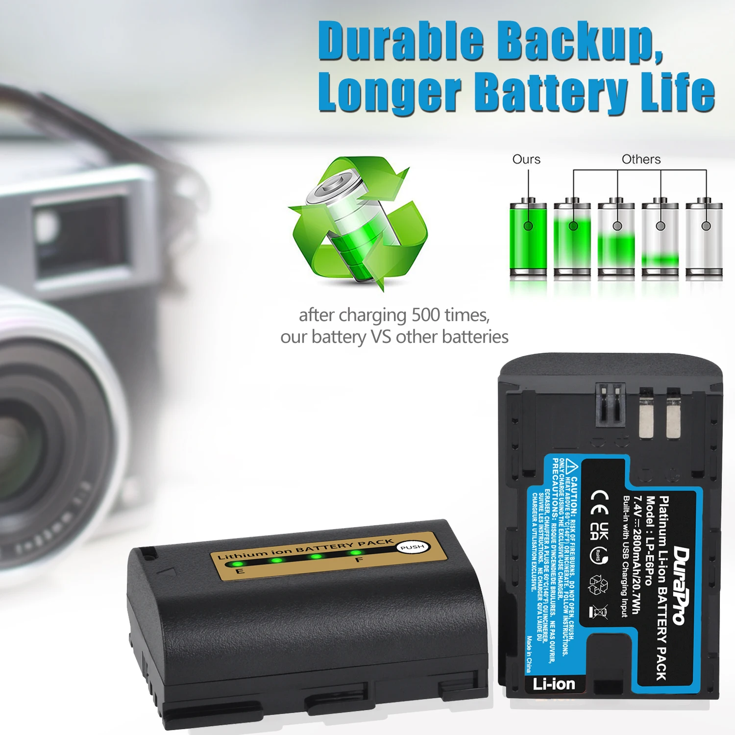 DuraPro 2800mAh LP E6N E6 LP-E6 LP-E6N Battery USB Port 2-in 1 Cable for Canon EOS R 5D Mark II III 6D 7D 60D 70D 80D 90D camera battery camera battery charger rechargeable battery charger