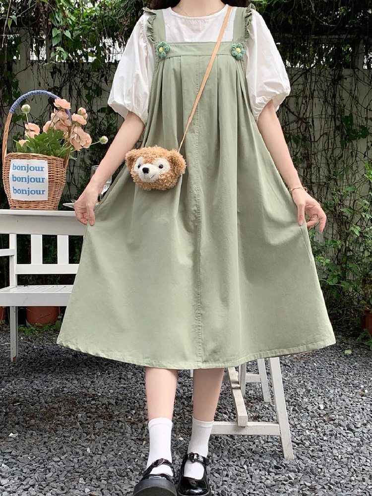 

Summmer Women Green Pink Suspender Skirt Japanese Mori Girly Elegant Preppy Style Bow Fairy Waist Sleeveless Sling Mid Dresses