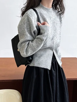 سترة ريترو أنيقة للخريف والشتاء موضة غير رسمية متعددة الاستخدامات محبوكة بخصر محبوك بلوفرات بأكمام طويلة ورقبة وهمية 6