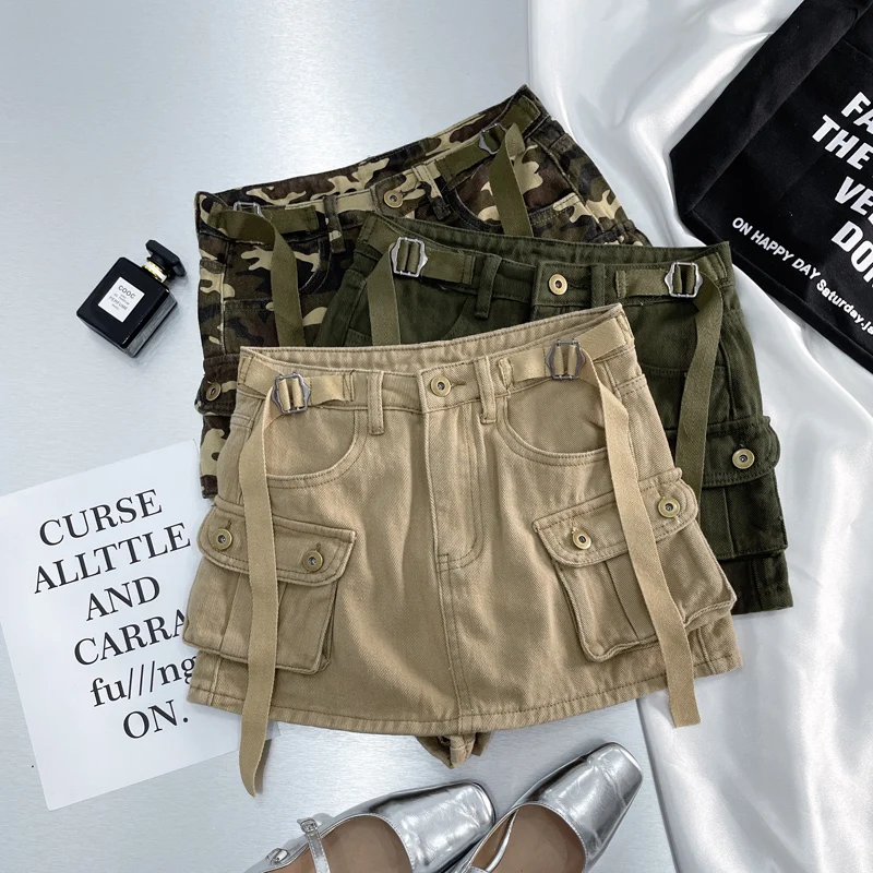 

Women Denim Cargo A-line Skirt Vintage Y2k Khaki Skirt Harajuku Korean Streetwear Fashion A-line Skirts Emo 2000s Trashy Clothes