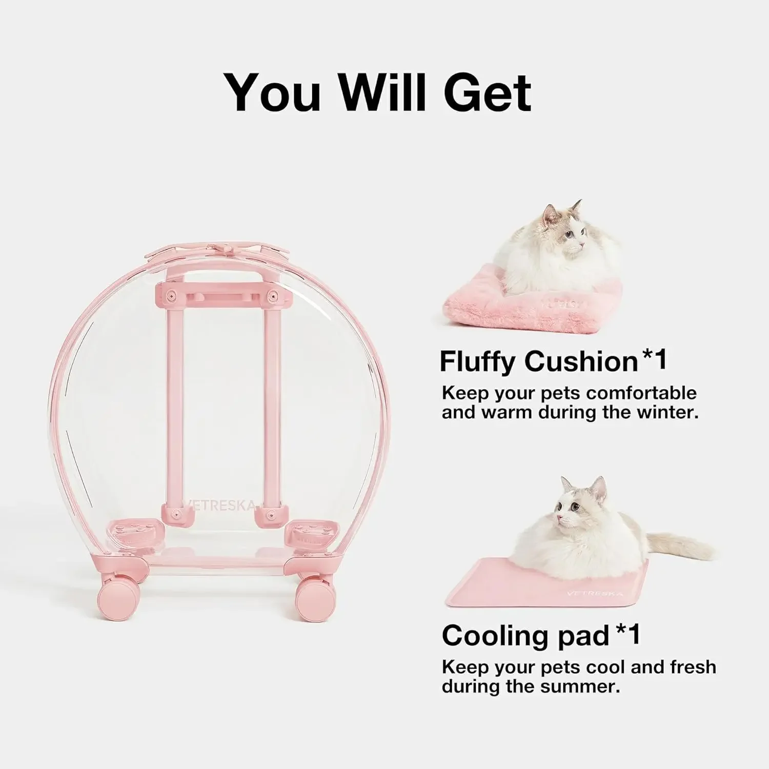 VETRESKA Pet Carrier with 2 Mats, Pink Pet Transport Luggage with Wheels and Telescopic Handle