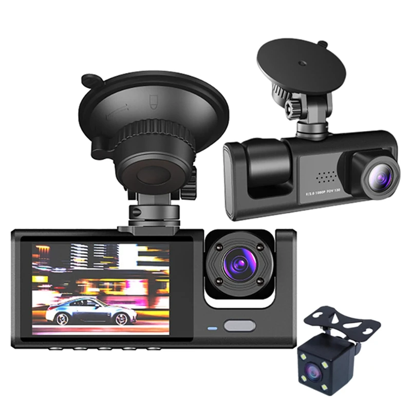 

3-канальный Автомобильный видеорегистратор, камера 1080P, 3-сторонняя Автомобильная камера с ИК ночным видением, циклической записью, монитор парковки