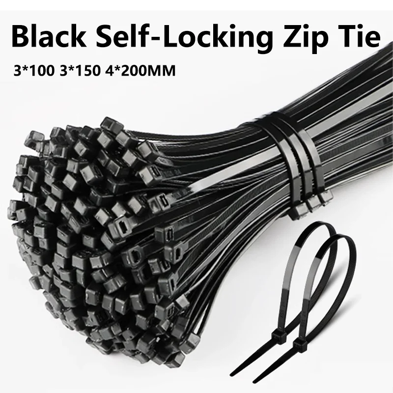 500/1000PCS 3*100 3*150 4*200 Nylon Self-locking Plastic Tie Black Cable Tie Fastening Ring Zip Wraps Strap Nylon Cable Set Cable Organizer Cable Ties Nylon Cable Ties Nylon Zip Ties